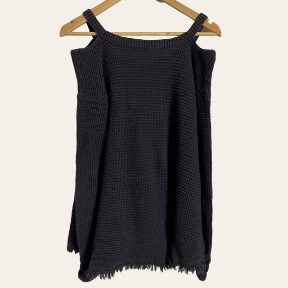 Free People Charcoal Gray Cold Shoulder Hi-Low Knit Fringe Sweater XS - Picture 5 of 10